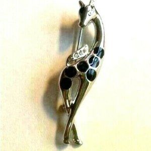 Vintage Giraffe Pin Brooch Crystal Silver Plated Black Enamel Spots African